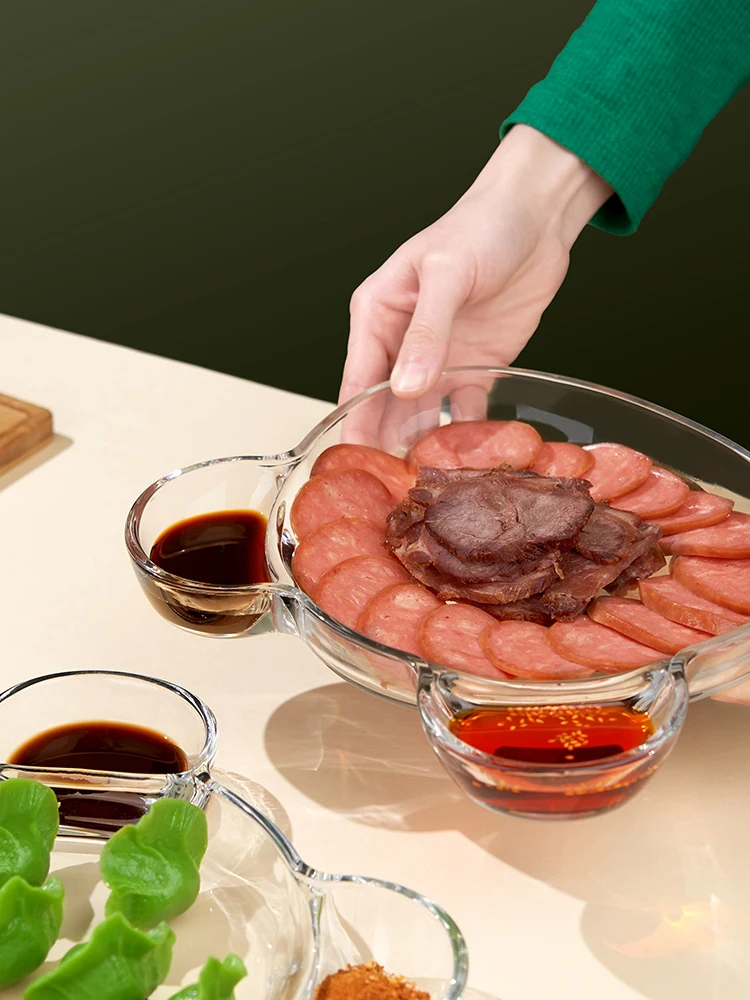 Plato Dividido de Vidrio Simple Lang Xu para Mariscos con Plato para Salsa, Plato para Empanadillas de Uso Doméstico, Plato D...