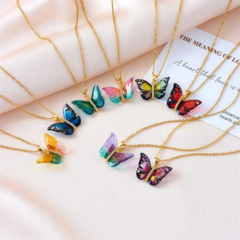 Titanium Steel Necklace Popular for Women Drop Glue Color Butterfly Shape Pendant Collarbone chain accessories Fashion Jewelry