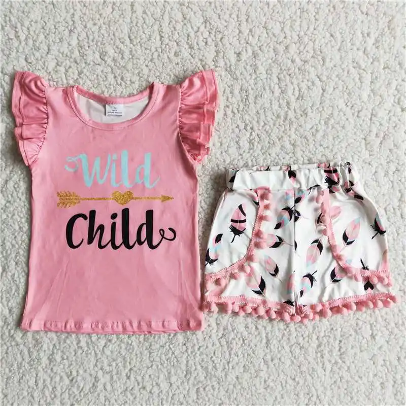 Wholesale Price Spotted Gamin alphabet small flying sleeve pink short sleeve leaf pattern hairball shorts girls boutique set