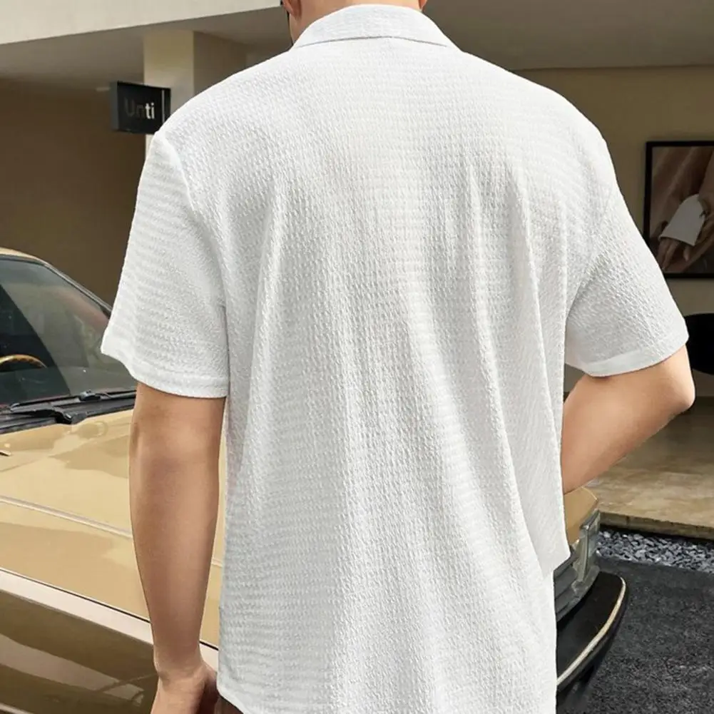 Daily Top Stylish Men's Water Wave Texture Shirt Single-breasted Loose Fit Short Sleeves for Summer Office Commute Men Loose