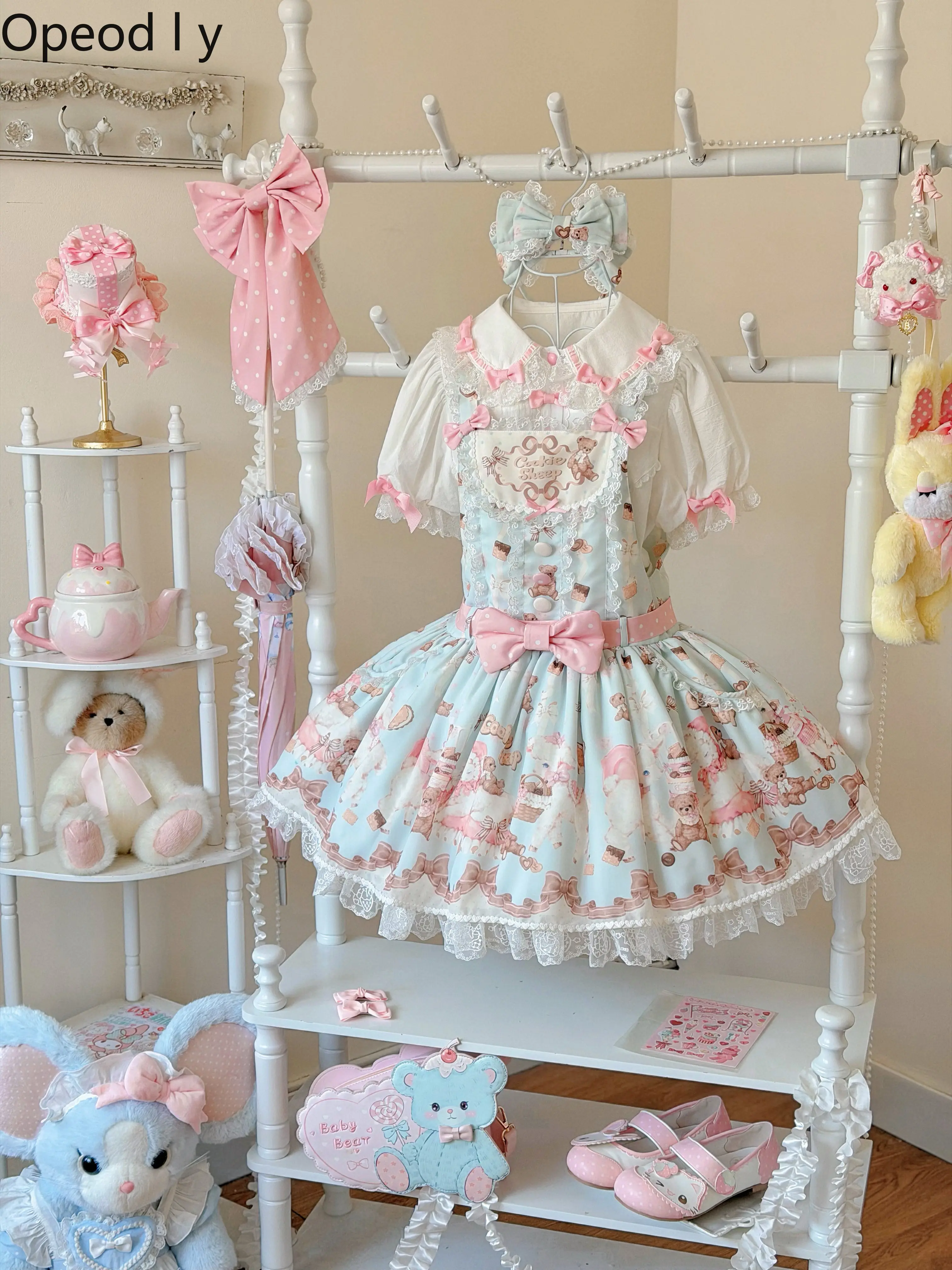 

Original Lolita Cute Print Strap Dress Spring and Summer New Kawaii Bow High Waist Temperament Princess Girl Dresses for Women