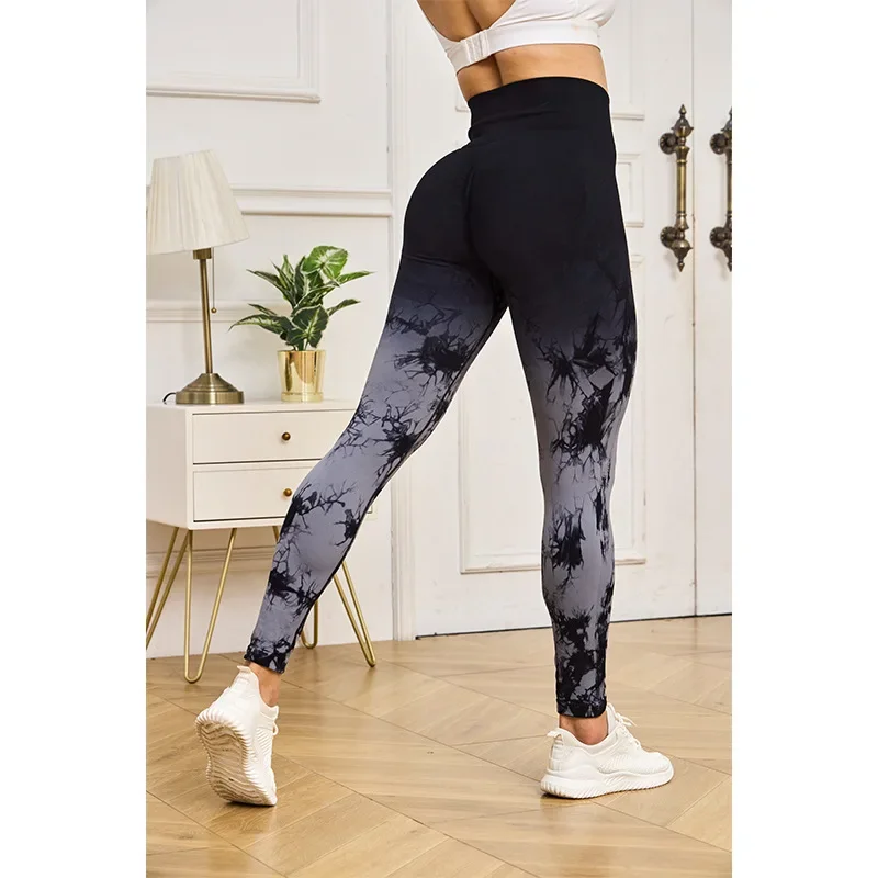 Mallas deportivas de Yoga con tinte anudado para mujer, mallas deportivas de cintura alta para gimnasio, entrenamiento, correr, levantamiento de cadera, medias de punto con gradiente