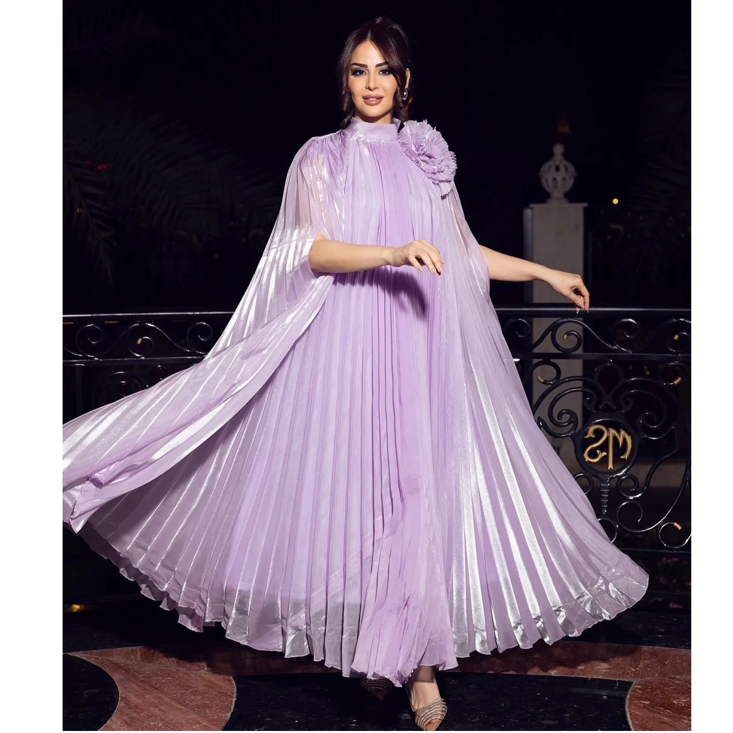 Couture Elegant Lavender Pleated Long Evening Dresses With Batwing Sleeves Handmade Flower Middle East Women Maxi Dress