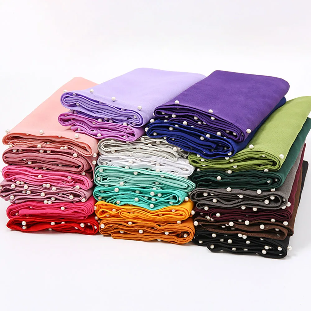 Chiffon Hijab Schal Schal mit Perlen Muslim Lange Schals Foulard Musulmane Gießen Femme Turbantes Cabeza Para Las Mujeres