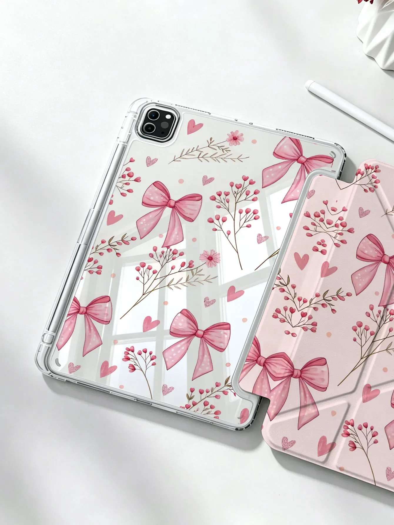 Elegant and Cute Pink Flowers, Grass, Bow Tie, and Letters on the Double-Sided Acrylic Transparent Back Cover, Shockproof and Durable, Suitable for iPad Air 4/5 10.9inch , iPad 7/8/9 10.2inch , iPad (A16) 11inch (11Th