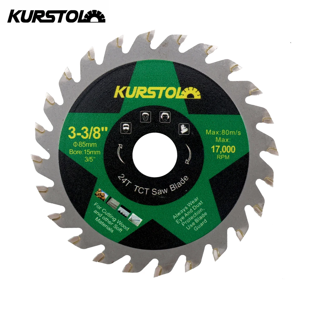 KURSTOL-O disco derrubado carboneto do corte do Woodworking, 24T viu a lâmina, TCT, plástico de madeira compensada, 85mm, 1 PC, 3 PCes