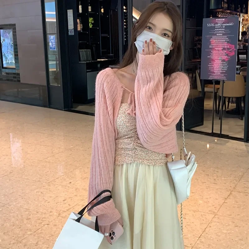 Knitted Cardigans Women Korean Fashion Pink Tender Designed Autumn Coat Aesthetic Lace-up Simple Sweater All-match Age-reducing