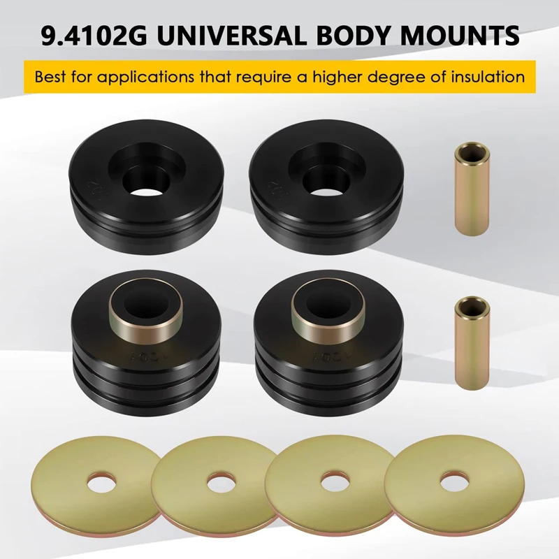 9.4102G Universal Polyurethane Body Mounts Bushings Isolators, Include 4 Plated Metal Washers, 2 Sleeves, 4 Body Mount Bushings