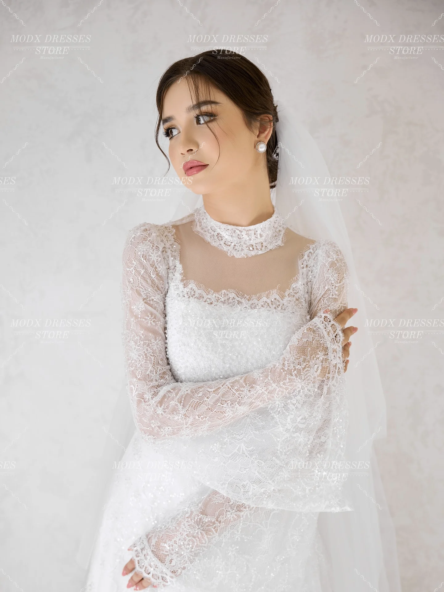 Modx luxo rendas gola quadrada vestido de casamento mangas completas vestido de noiva até o chão personalizado vestidos novias boda feminino