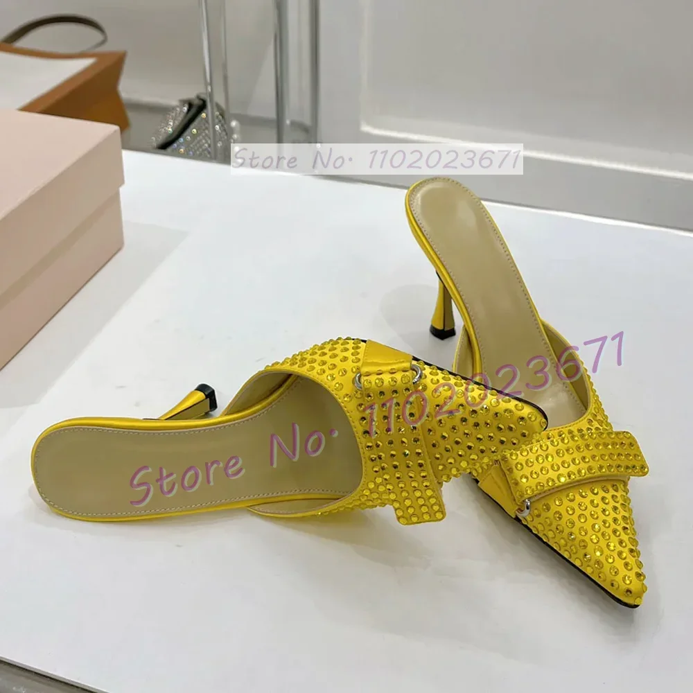Pantoufles en Satin à Strass Complets pour Femme, Talons Solides et Doux, Nouées, Élégantes, Brillantes, en Clip, Chaussures de Document Personnalisées
