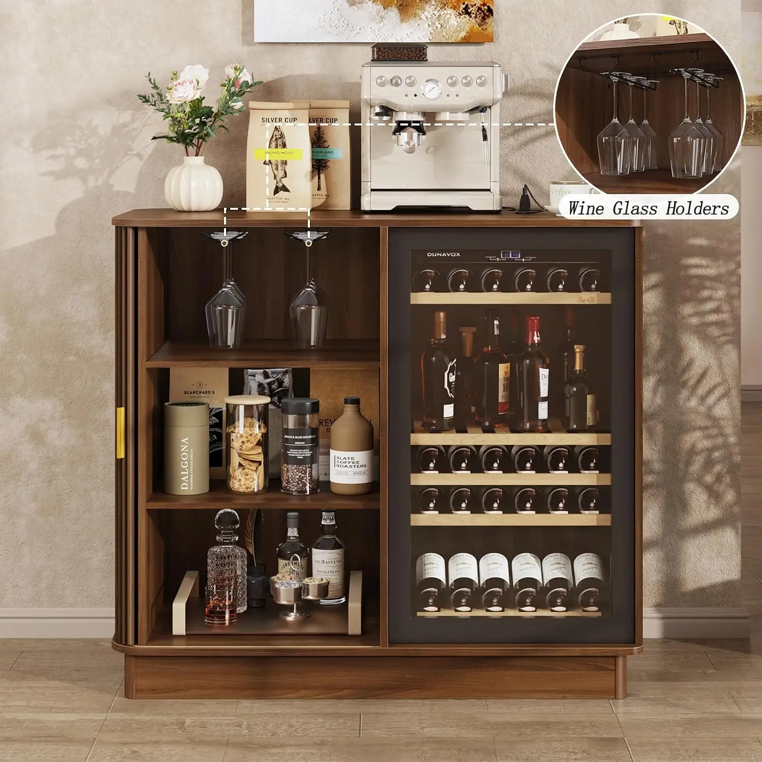 Coffee Bar Cabinet with Fridge Space, 42.5” Mini Fridge Cabinet | Fits Most Mini Fridges, Power Outlet & Wine Glass Racks, Modern Fluted Sliding Door, Coffee Bar & Wine Storage, Walnut image 3