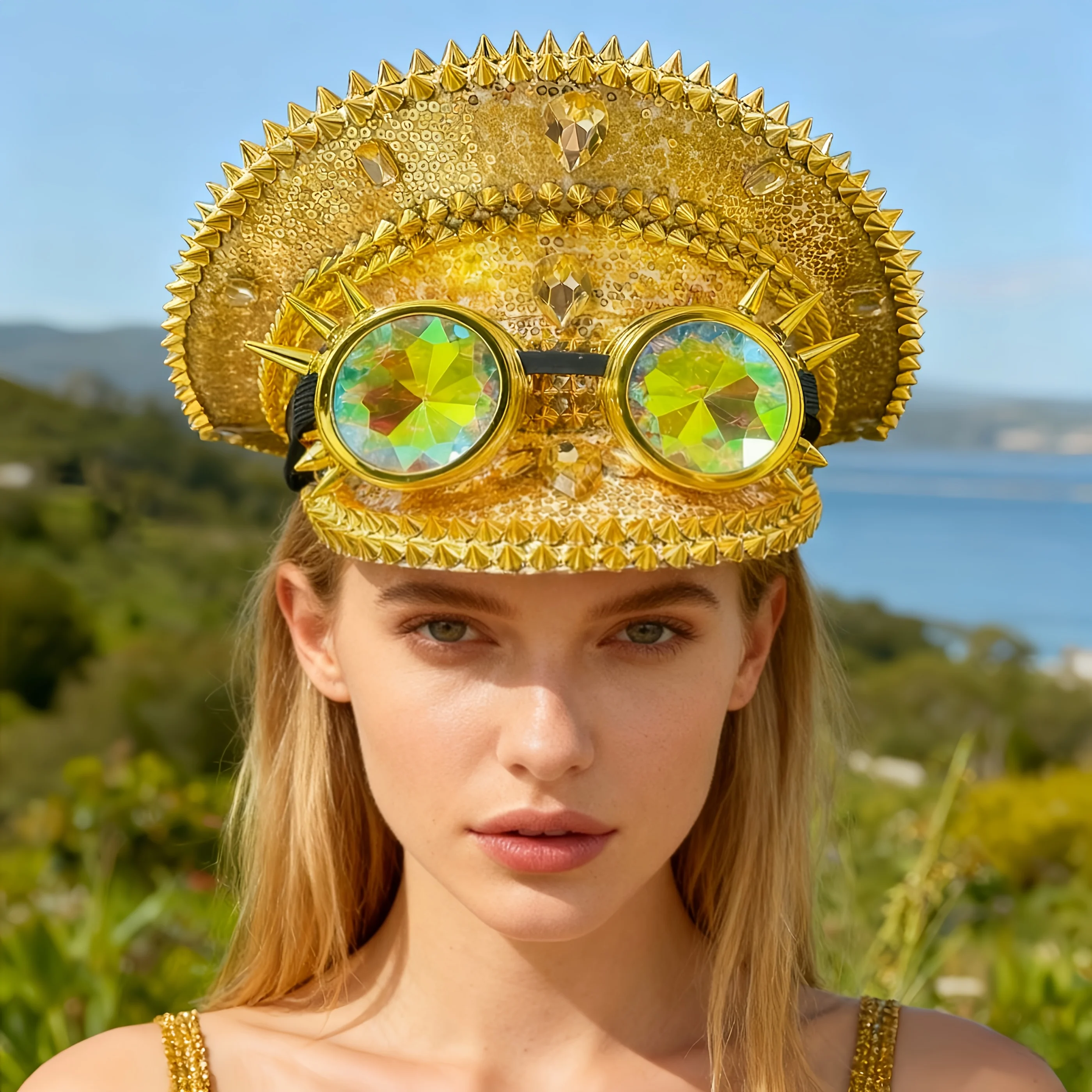 

HongLuan Золотая шляпа капитана в стиле стимпанк со стразами и очками для фестиваля Burning Man для женщин, военные аксессуары и кепка для мужчин