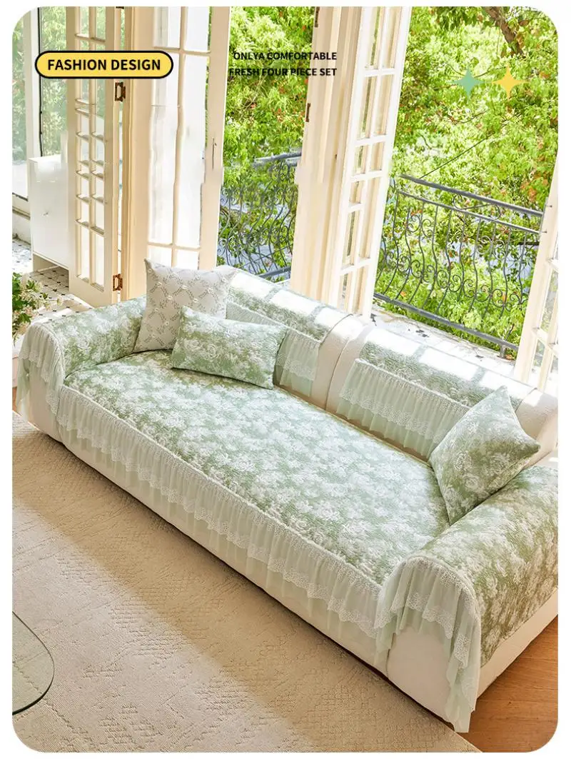 Sommerlicher, hautfreundlicher Sofabezug aus Eisseide mit Spitzenbesatz – Kühlender, atmungsaktiver Strick-Sofa-Sitzbezug – Detail 2