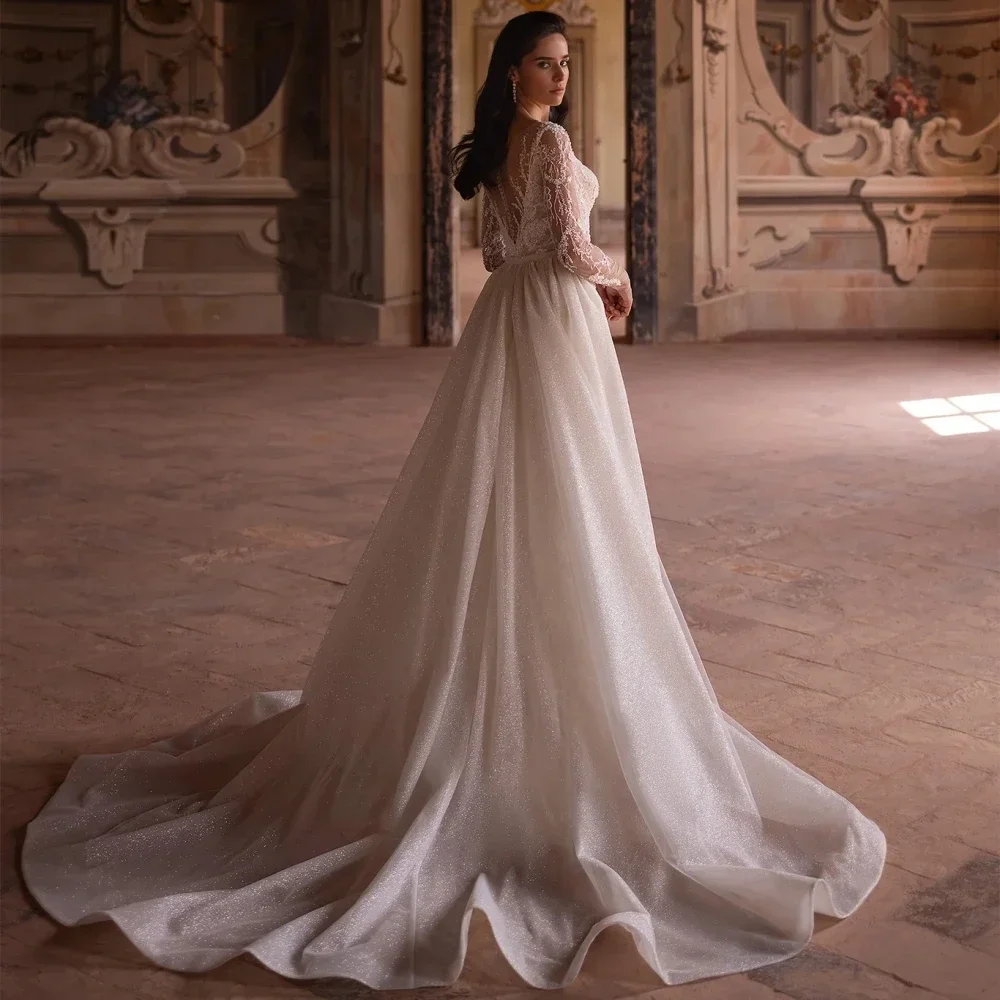 Customized Graceful Sparkly Lace Mermaid Wedding  Dresses Long Sleeve Bride Robe Detachable Train Bridal Gown Robe De Mariée