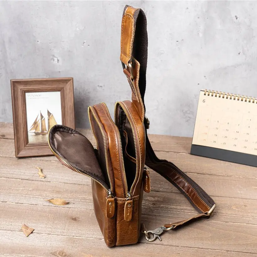 1611 Men's Casual Retro Cowhide Chest Bag, Genuine Leather Top Layer Cowhide Crossbody Shoulder Bag
