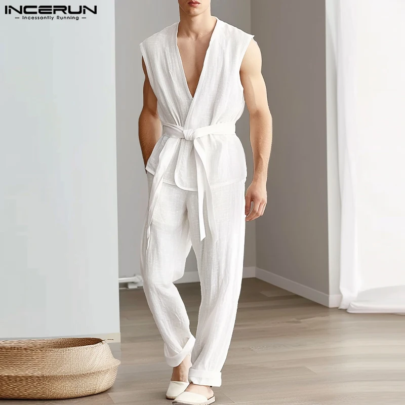 INCERUN 2024 American Style Sets Casual New Men Sleeveless Cardigan Pant Solid Simple Sleeveless Streetwear Two-piece Sets S-5XL