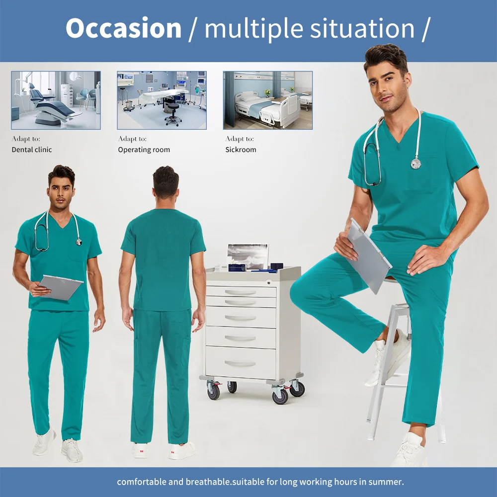 Niaahinn V Neck Scrub Tops + Doctor Pant Odzież robocza dla pielęgniarek S-3XL Mundury medyczne Mężczyźni Dentysta Lekarz Kostium Pet Nurse Odzież robocza