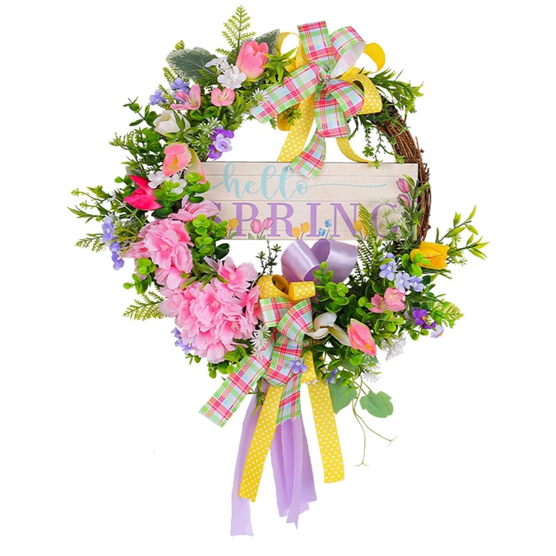 

Louatui Spring Wreaths for Front Door Artificial Flower Wreath with Colorful Bow Ribbon Floral Garland Outdoor Wreath Home Decor