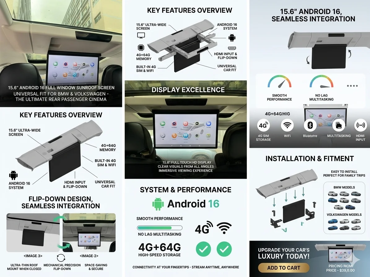 15.6 inch Full Window Sunroof Screen for BMW Volkswagen 4G SIM Android 16 4G 64G Touch Screen HDMI Video TV Player Multimedia