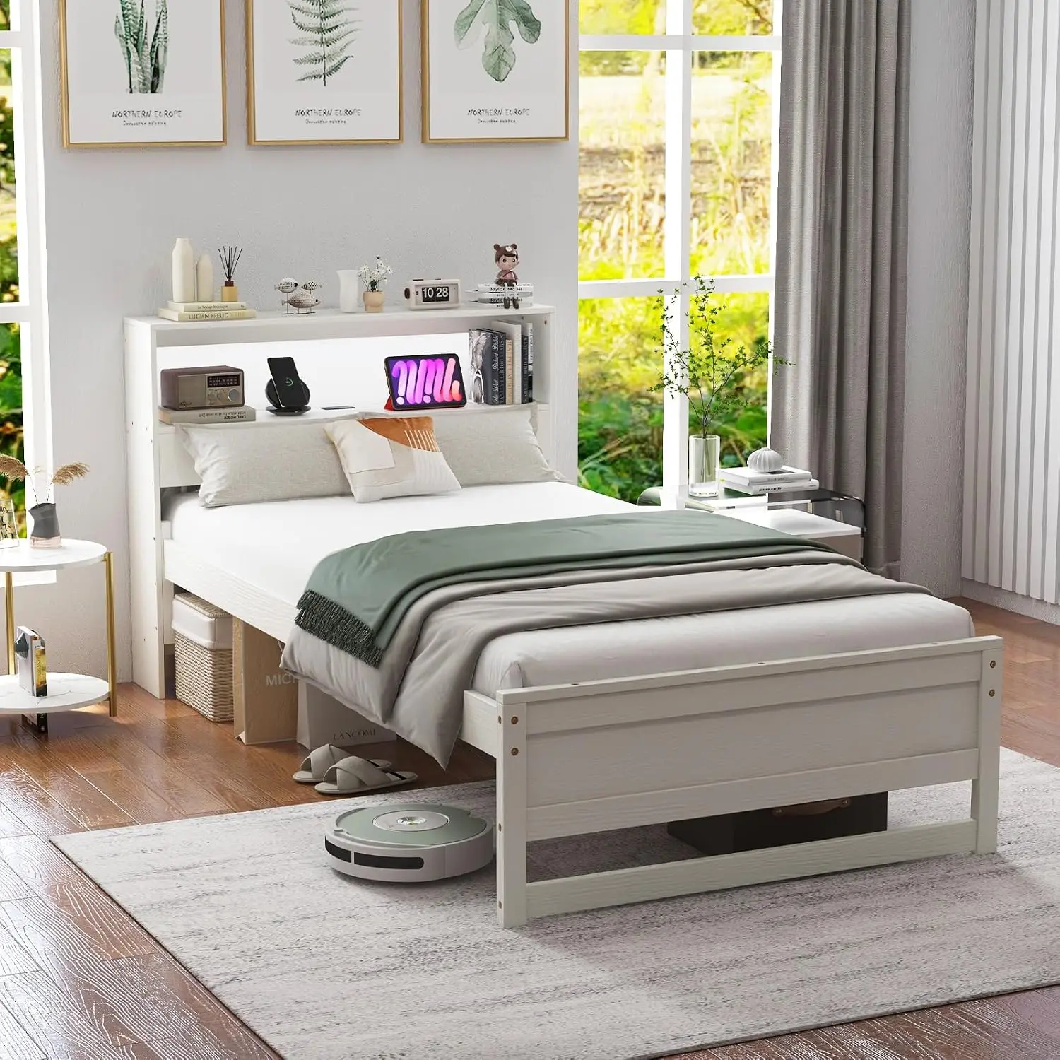 Twin Size Wood Platform Bed Frame with Charging Station & LED Light, Platform Bed with Storage Headboard & 12” Under-Bed Space