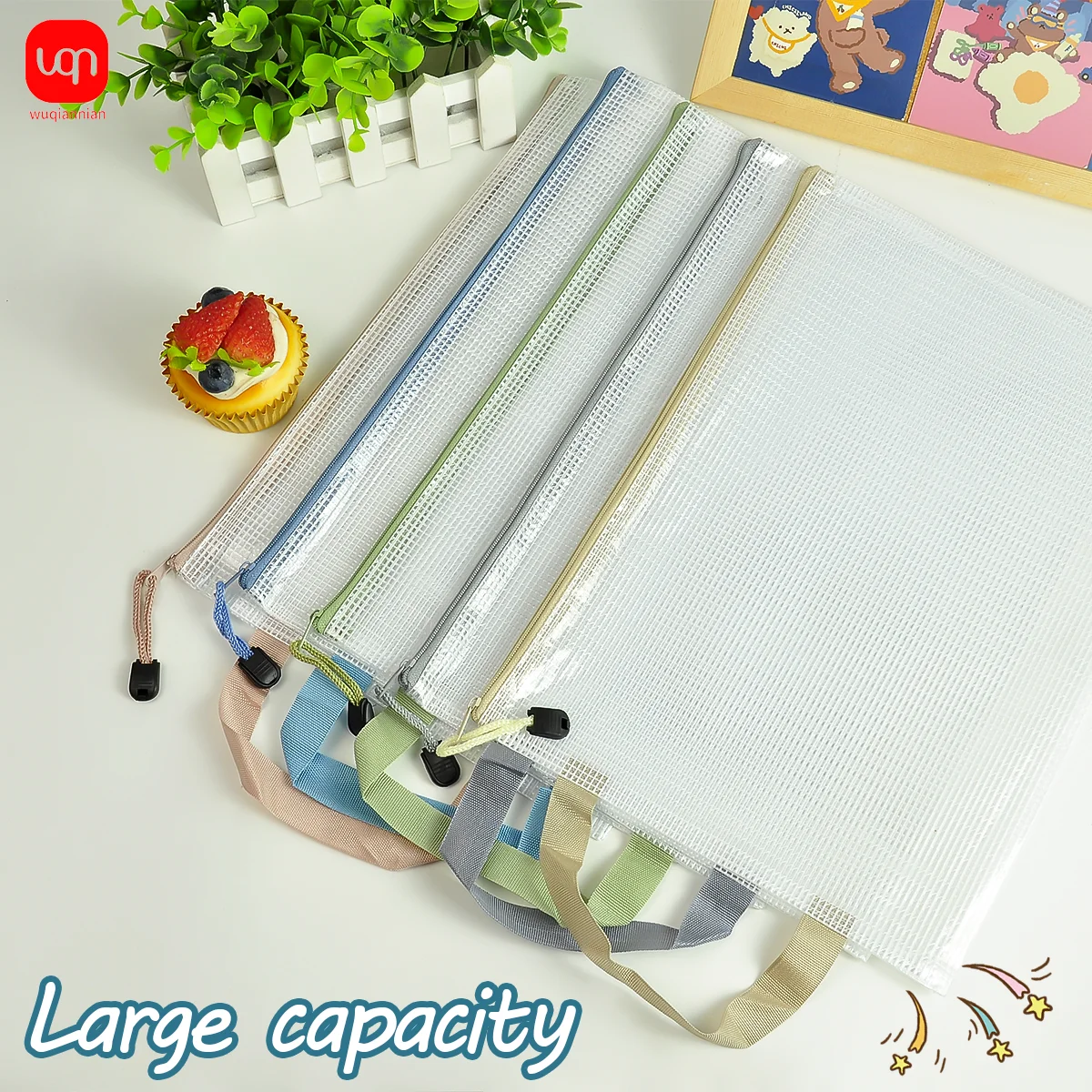 WQN-5/20 قطعة أكياس تخزين كلاسيكية A4 أكياس شبكية محمولة شفافة ذات سعة كبيرة لوازم مكتبية مدرسية