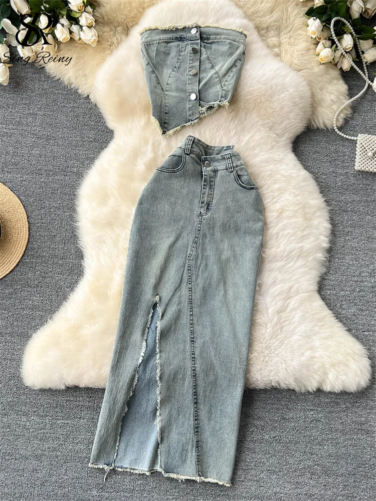 SINGREINY Streetwear Irregular Design Denim Two-piece Set Strapless Button Ruch…