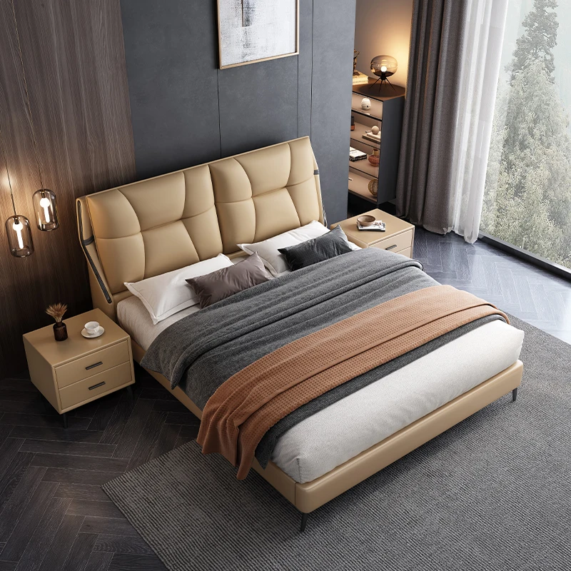 #Upholstered Italian Luxury Bedroom Furniture Double Bed Solid Wood Frame Leather Bed king Size Bed