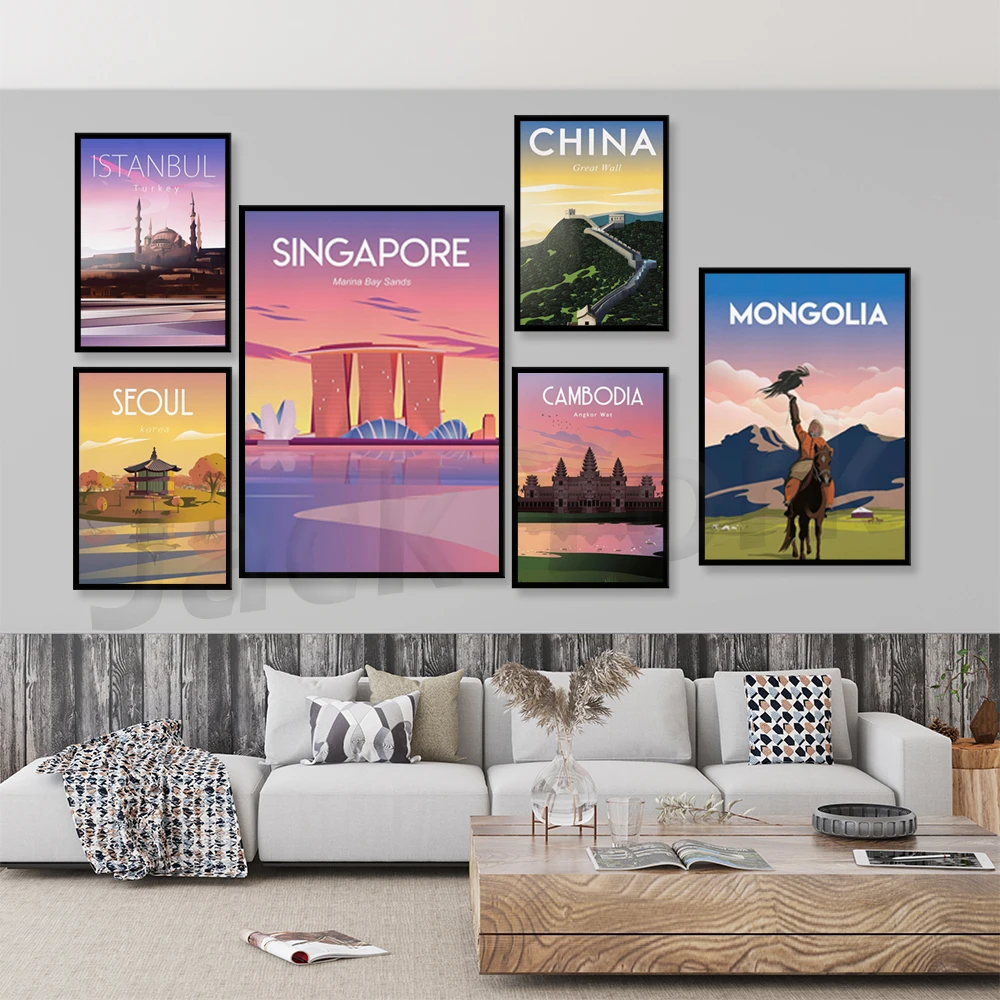 Saigon City Retro Poster - Great wall of China,Istanbul turkey,Singapore Skyline, Colombo Sri Lanka.Travel Poster