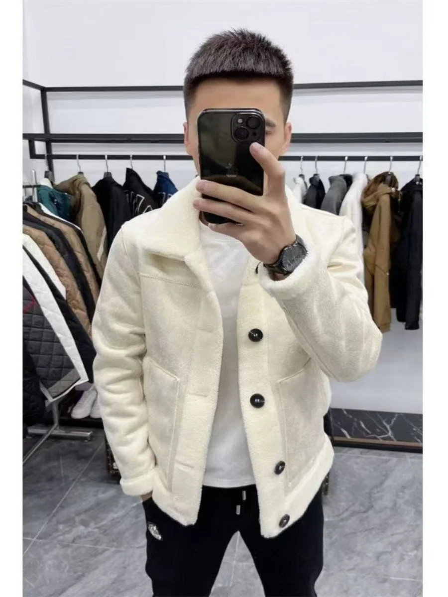 

2025 Winter New Men's Lamb Fur Collar Casual Jaet Sli Slim Fit Simple Attractive Korean Trend Double Breasted Coat