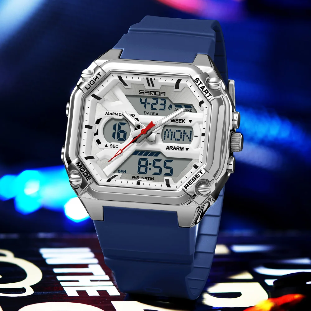 SANDA Men's Dual Display Sports Wristwatch LED Luminous Chronograph 5Bar Waterproof TPU Strap Outdoor Student Watch for Men