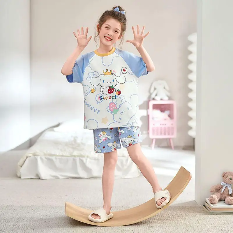 Sanrio Cinnamoroll Piyama Setelan Katun Murni Musim Panas Kaus Anak Perempuan Celana Pendek Nyaman Santai Kartun Kawaii Anime Pakaian Gaya Baru