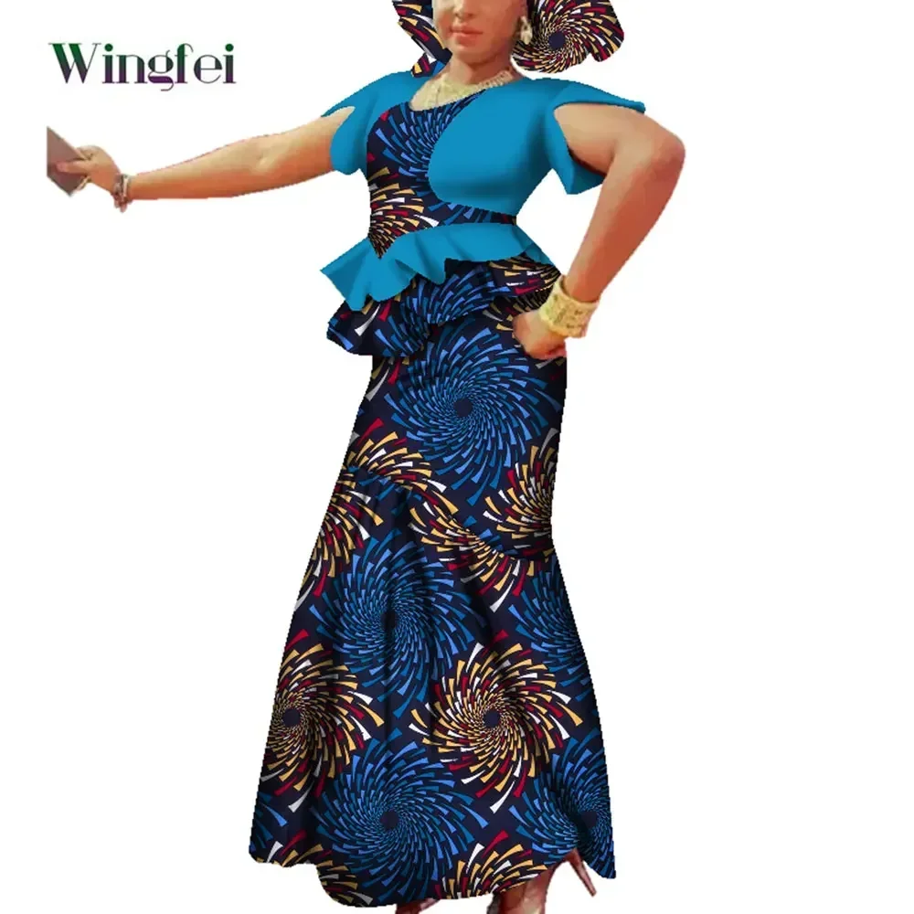 African Skirt and Top Set with Headwrap Ankara Fashion African Clothes for Women Dashiki Party Wedding Evening Clothing WY3699