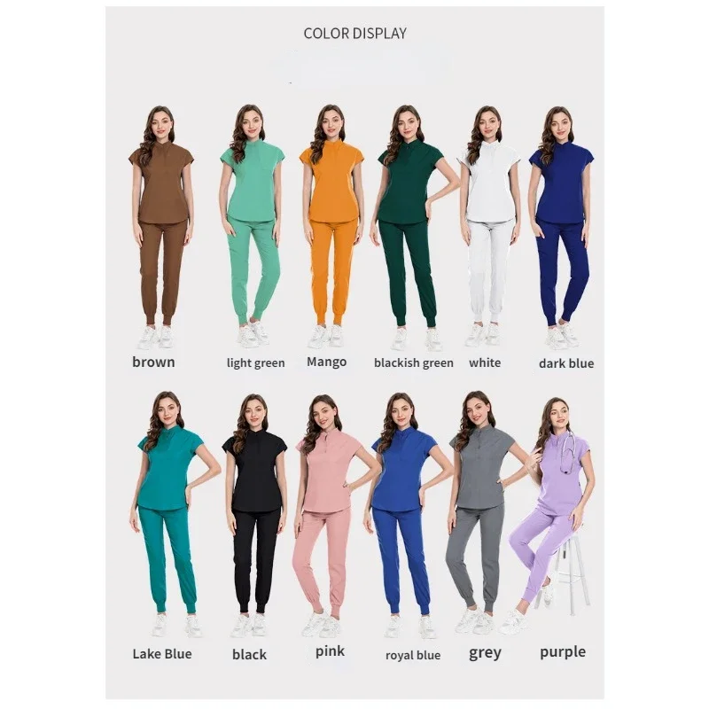 Tops + calça uniforme médico cirurgia esfrega camisa de manga curta pet shop médico enfermeira conjunto uniforme de enfermagem feminino workwear esfrega
