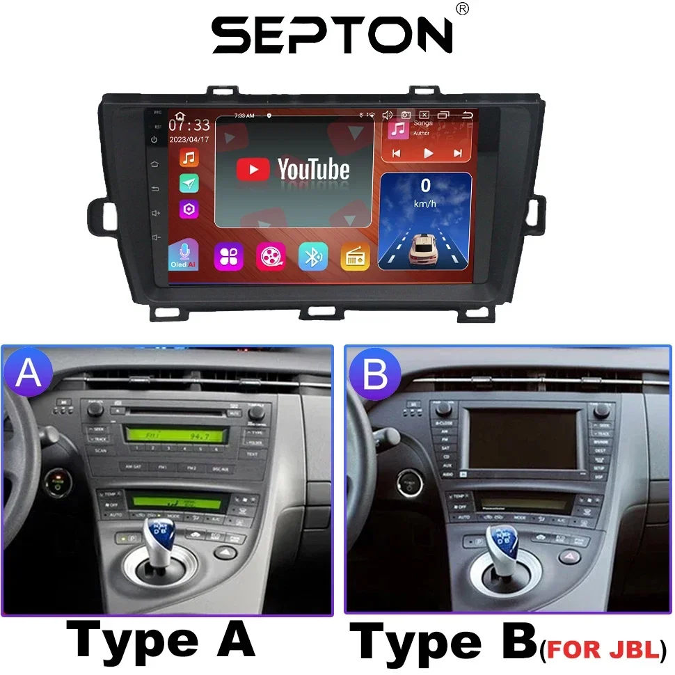 SEPTON  8+128G Car Radio For Toyota Prius XW30 2009 - 2015 Head Unit Wifi Carplay Android Auto GPS Multimedia Video Player