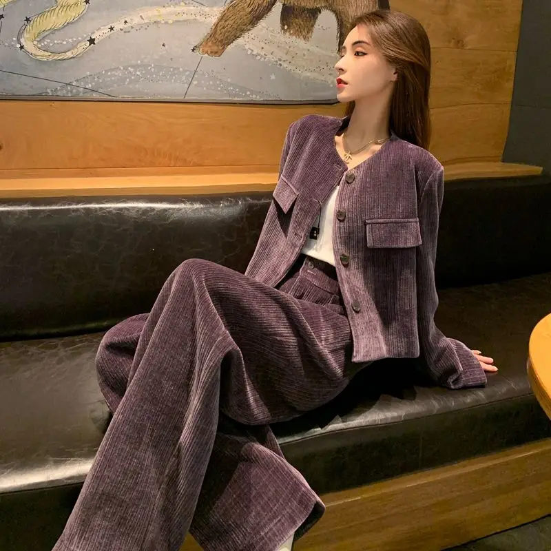 

New Autumn Winter Two-Piece Long-Sleeved Jacket Long Wide-Leg Pants Women'S Niche Design Small Fragrance Style Suit