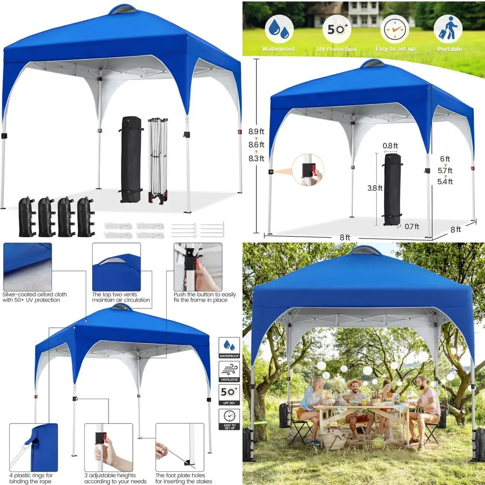 

8x8 Instant Pop Up Canopy Tent with Ventilation, Easy Setup, Wheeled Bag, Sandbags, and Stakes for Outdoor Sun Shelter