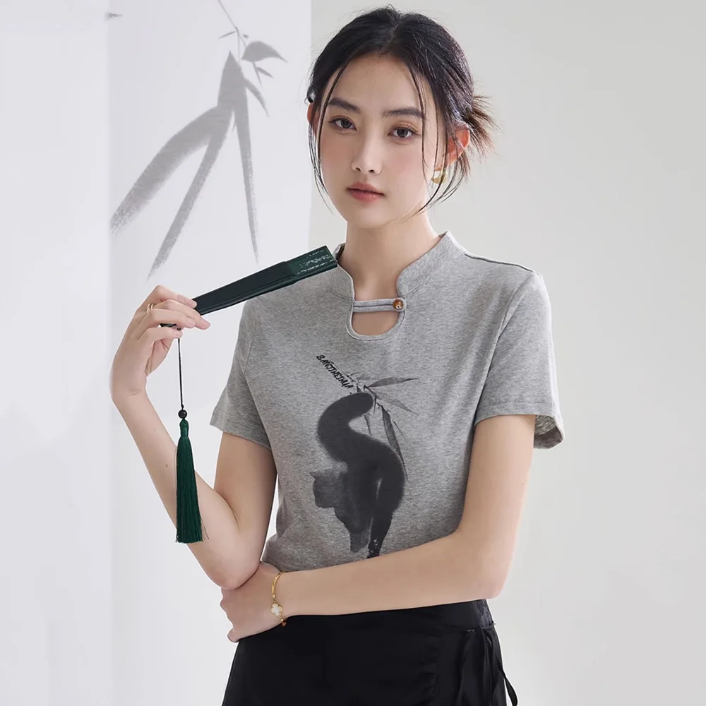 

New Women Summer Chinese Style T-shirt Fashion Stand Collar Short Sleeve Print Tees Tops Chic Loose Short Cotton T-shirt