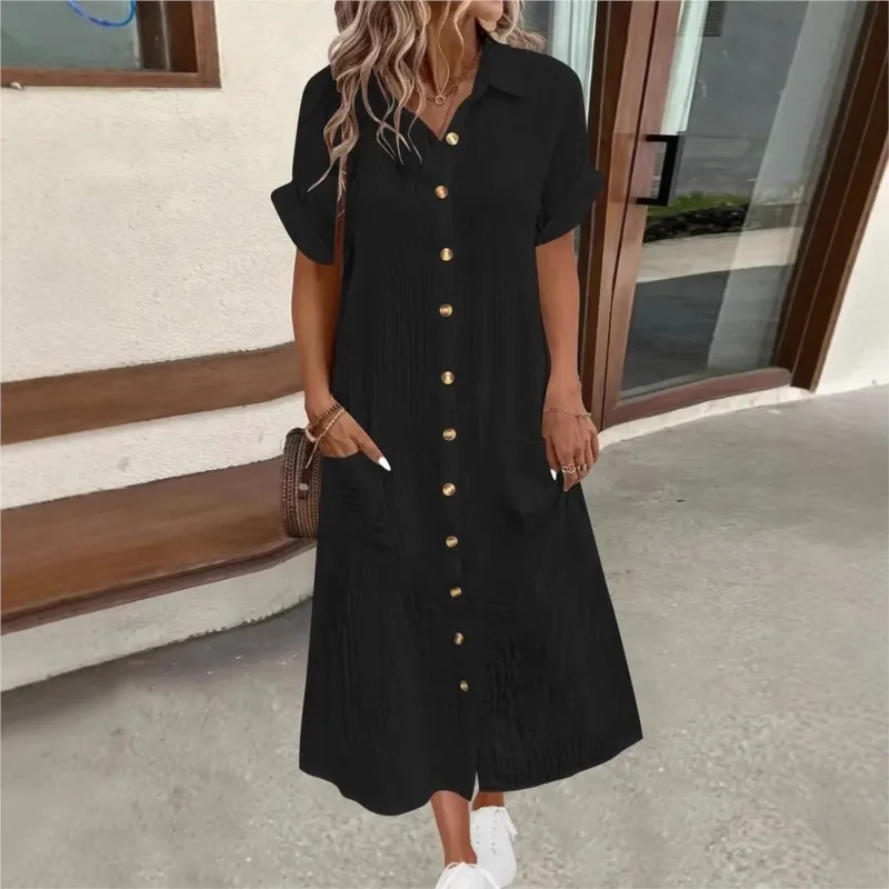 فستان ماكسي صيفي كاجوال بلون سادة بسيط ورقبة على شكل حرف V للنساء بأكمام قصيرة مع جيب فساتين قميص فساتين نسائية