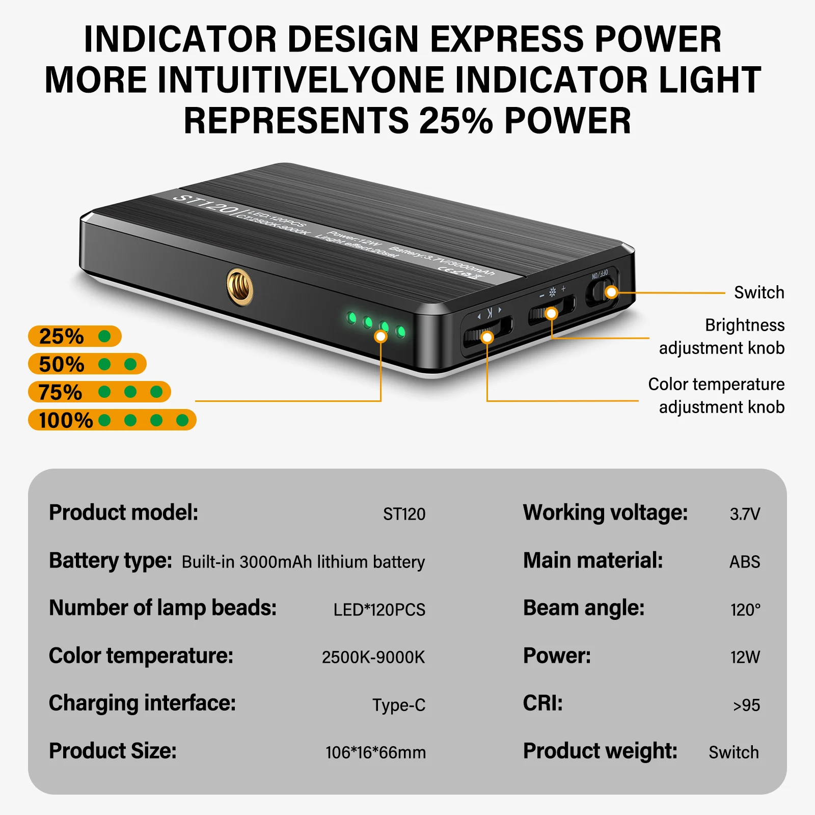 充電式LEDライト、ポータブルミニ自撮りライト、ビデオライト、3000 mAh、3つのライトモード、Acr95、ST-120、2500-9000k