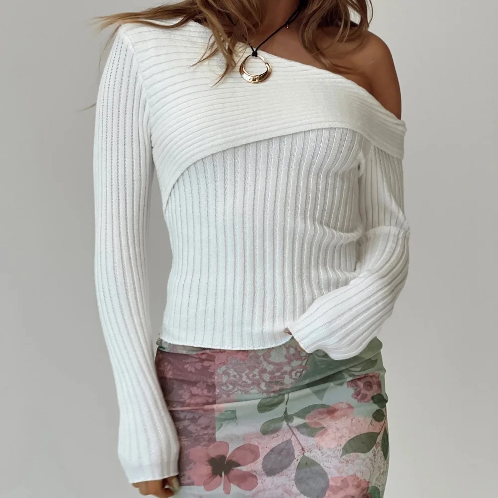 2026 Autumn Winter Off Shoulder Knit Sweater Women Asymmetrical Neck One Shoulder Jumpers Long Sleeve Slim Fit Pullover Top Chic