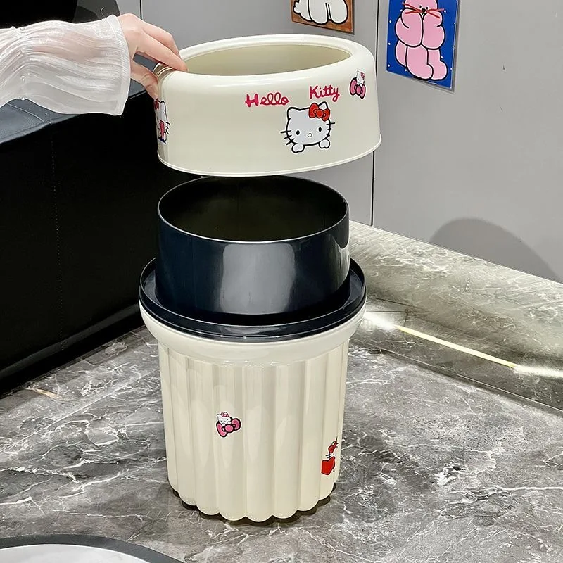 Sanrio Hello Kitty Cream White Glossy Garbage Bin Anti-Slip Fixing Inner Bucket Trash Bag Fixed Bathroom Bedroom Kichen Bin view 2