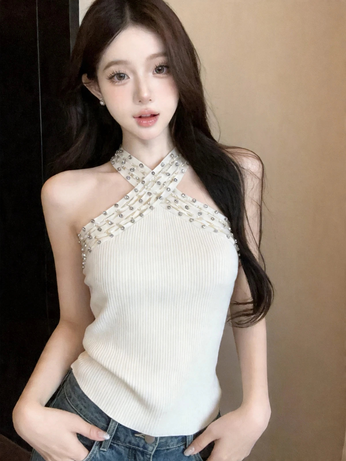 

Fashionable Strapless Diamond Studded Hollow out Sexy Summer Top Women's Sleeveless Vest Heavy Embellishment Outerwear
