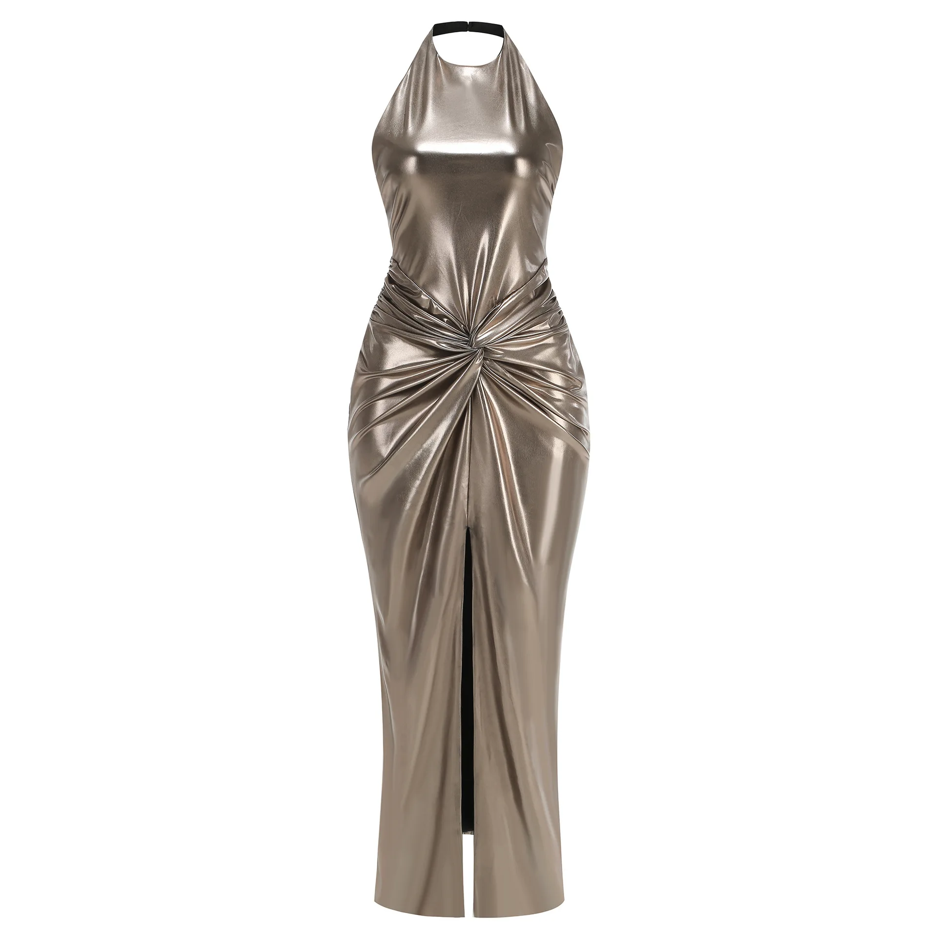 

Women Luxury Patent Leather Party Dress Halter Backless Drapped Split Ankle Dresses Celebrity Evening Club Party One Piece Gowns