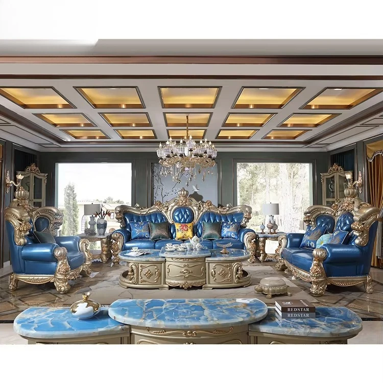 

High-quality German living room leather sofa, blue leather wood antique furniture home sofa set luxurious four seats