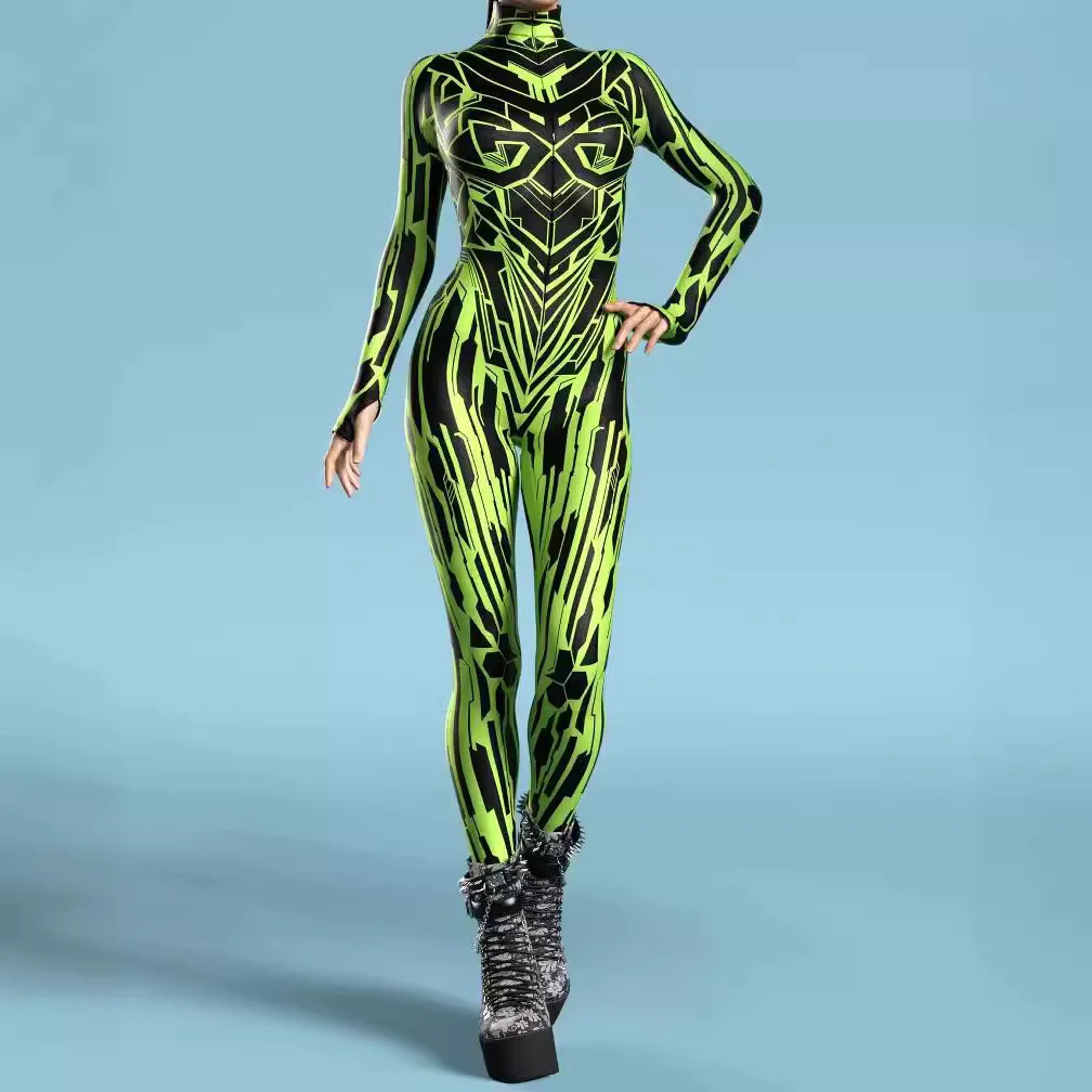 

Zebra Pattern Cosplay Costume Women Art 3D Irregular Lines Bodysuit Halloween Punk Jumpsuit Long Sleeve Performance Zentai Suit