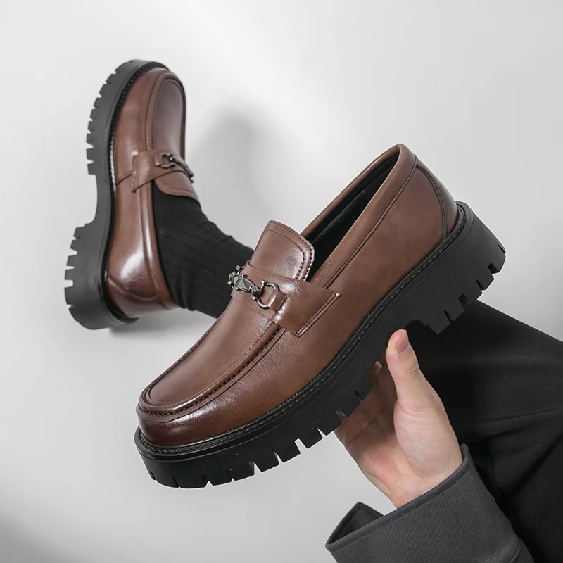 Luxury Design Heavy Lug Thick Sole Men Business Loafers Metal Buckle Classic Slip On Leather Dress Shoes Formal Wedding Flats