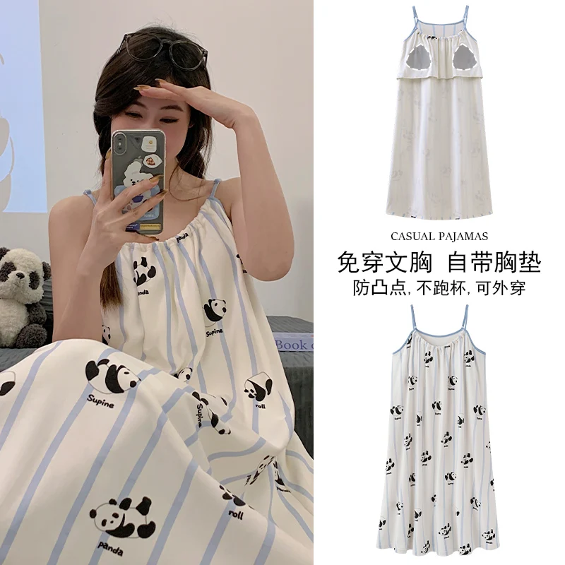 

Big Size M-4XL Summer Women Sling Nightdress With Chest Pad Femme Knited Cotton Nightwear Floral Sleepdress
