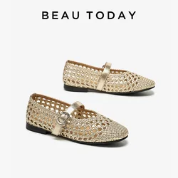 BEAUTODAY Mary Janes Women Microfiber Weave Solid Color Buckle Strap Hollow Sandals Fashion Ladies Flat Shoes Handmade 30098