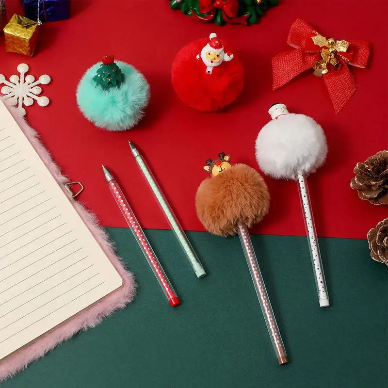 Bolígrafos navideños de dibujos animados, plumas esponjosas de felpa, con forma de reno, árbol de Navidad, muñeco de nieve, para compañeros de trabajo