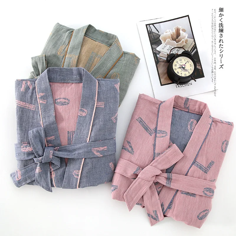 2024 Spring Autumn New Ladies Cute Jacquard Robe Women Sleep Dress Soft 100% Gauze Cotton Bathrobe Girls Loose Home kimono Robe